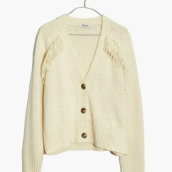 Madewell Chatterton Fringe Cardigan Sweater Ivory Button Down Women's Size XXS - Picture 2 of 9